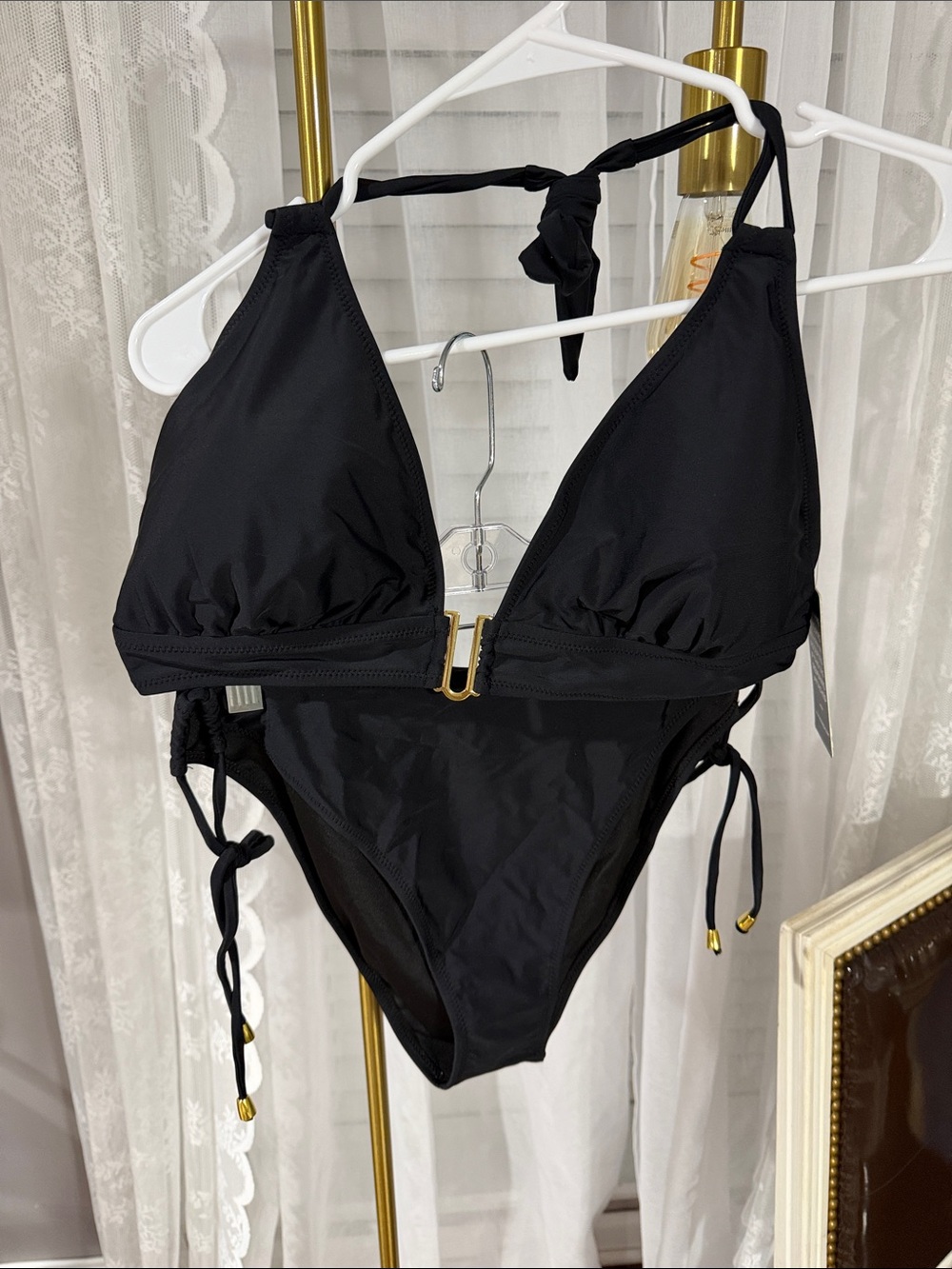 Classic Black Halter Bikini Set with Gold Trim